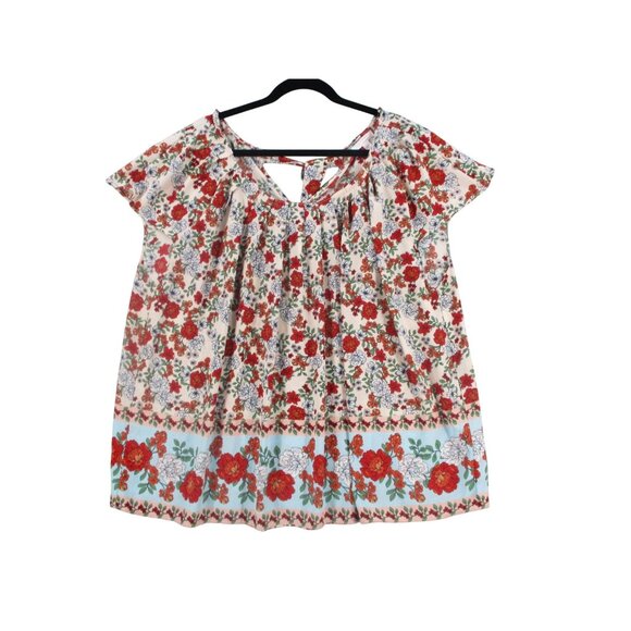 Lauren Conrad Womens Plus Size - 2X Floral Print Blouse Red White Green On Beige - Picture 1 of 10